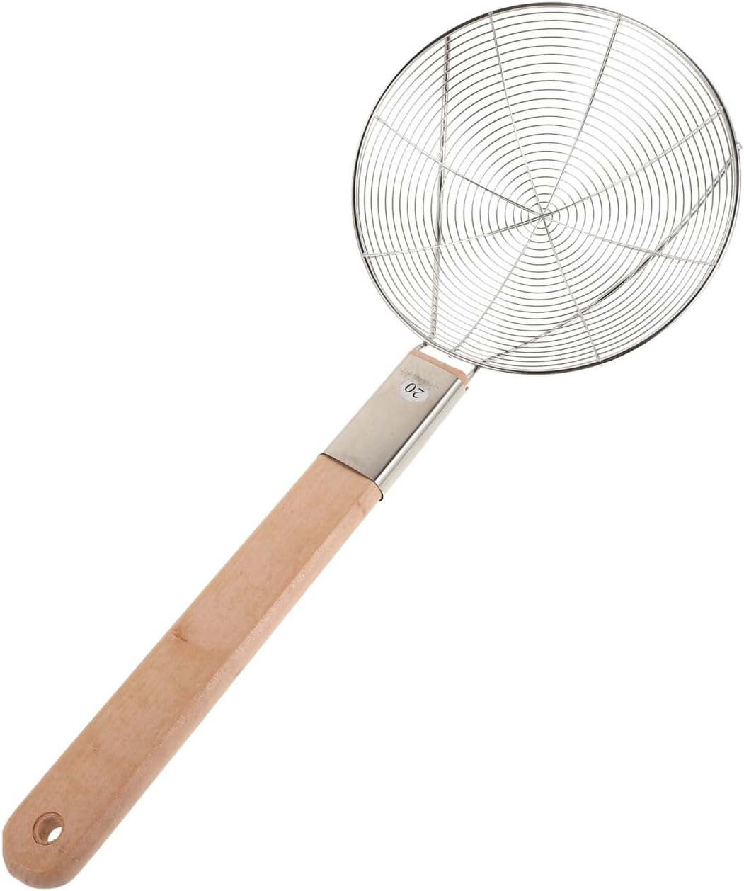 MAGICLULU Stainless Steel Strainer with Long Wooden Handle for Frying Pasta and Noodles - Multi-Purpose Kitchen Scoop with Hanging Loop