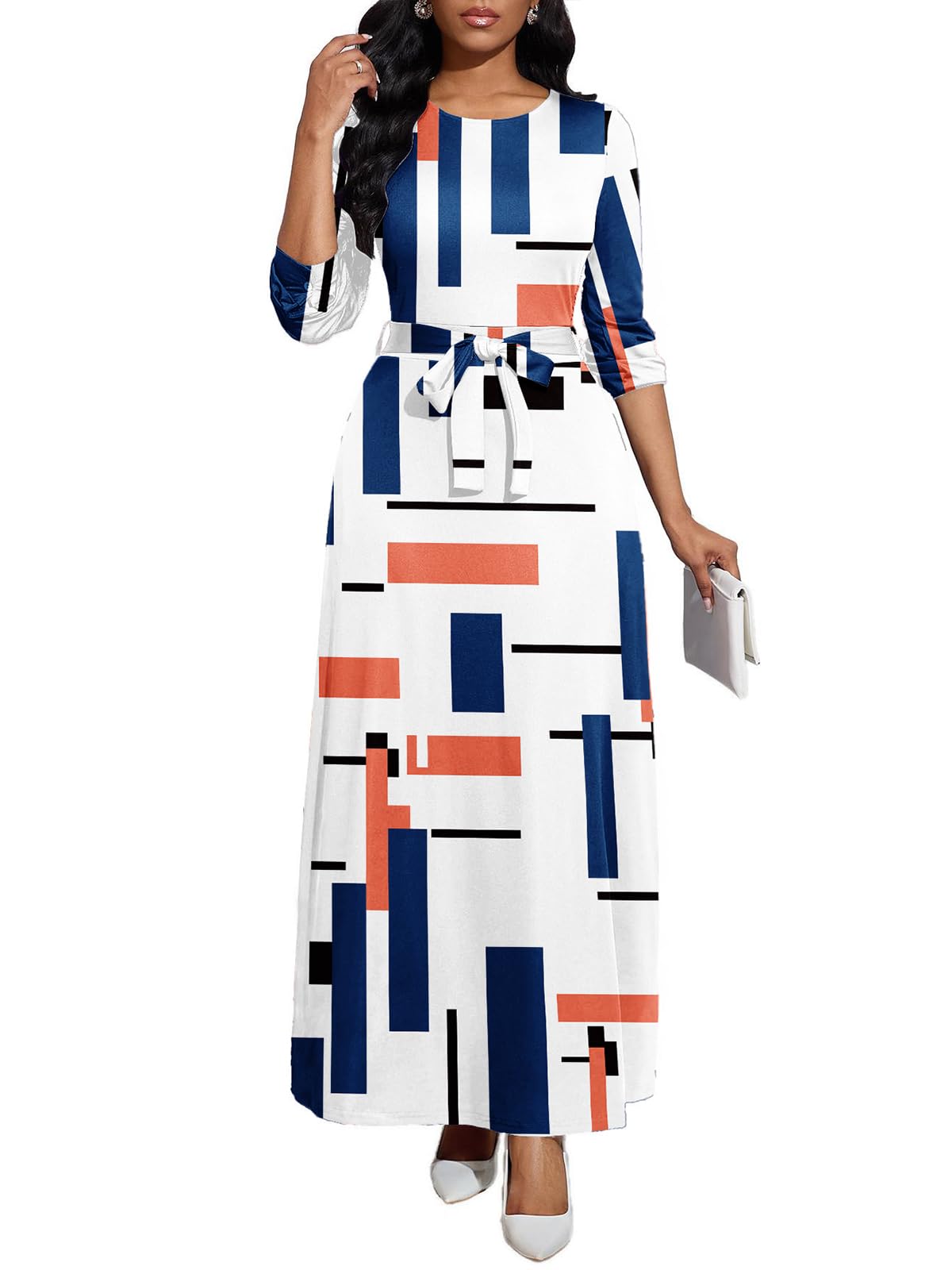 BubFee Long Dress for Women Casual Long Sleeve Dresses Maxi Dress Empire Waist Loose with Belt