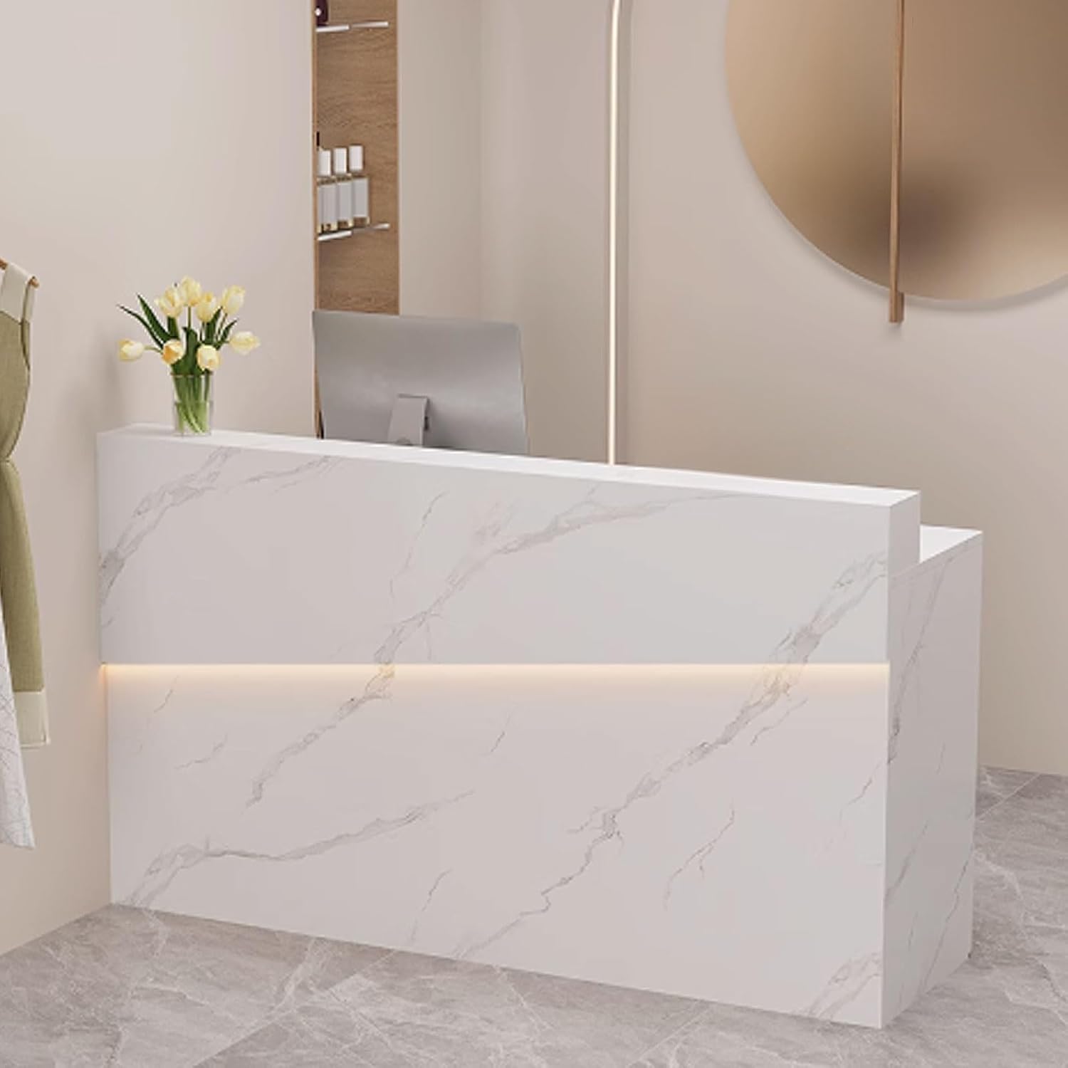 Modern Reception Desk, Receptionist Desk with Storage, Standing Front Reception Counter, Office Counter Table with Light Strips for Restaurants, Supermarkets(White Texture,0.8m)
