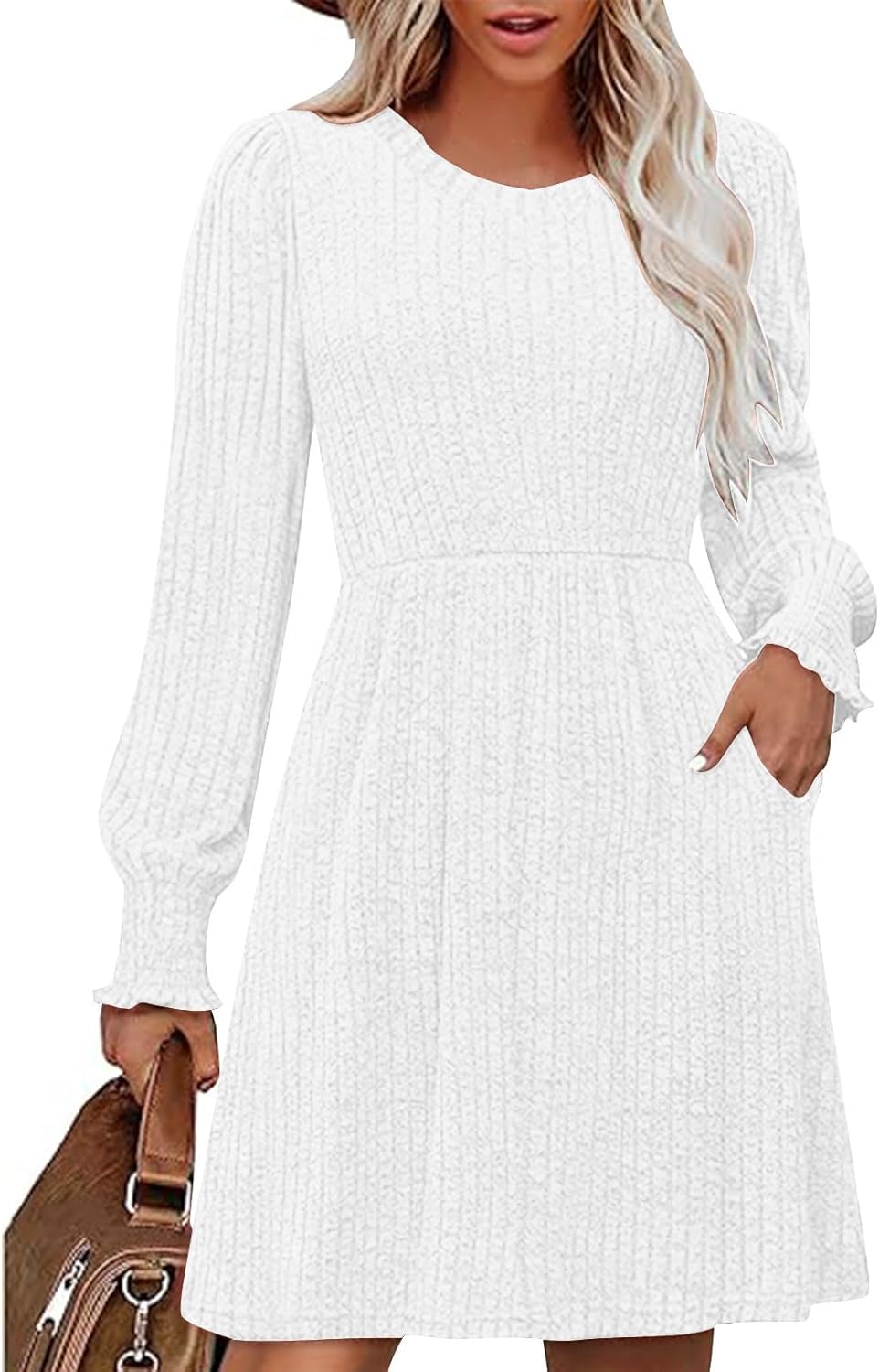 Sweater Dresses for Women 2025 Long Sleeve Ribbed Winter Cocktail Dress Fuzzy Round Neck Tunic Dress with Pockets
