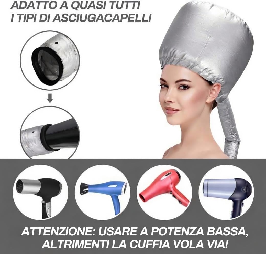 Casco per asciugatura cuffia asciugacapelli elastico attacco a phon grigio portatile professionale capelli ricci