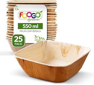 FOOGO Green 25pcs Disposable Palm Leaf Bowls, 5" (13cm) 19.4oz (550ml), for Soup, Desserts & Salad, Deep Square, Sturdy Eco Friendly Biodegradable, Bamboo, Wooden and Paper Bowls for Hot Food