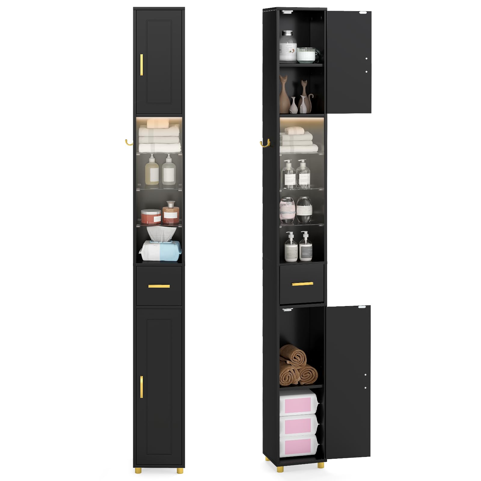 COSTWAY Tall Bathroom Cabinet, 3-Color LED Lights Slim Bathroom Storage Unit with 2 Doors, Drawer and Adjustable Shelves, High Freestanding Narrow Floor Cupboard Organizer, 20x20x180cm (Black)