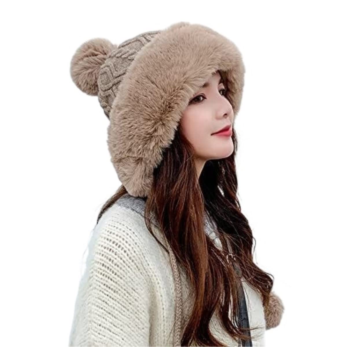 Czapka Beanie Czapka Zimowa Pompon Czapki Dla Kobiet Puszysta Dzianina Damska Sztuczne Futro Czaszka (Jeden Rozmiar)
