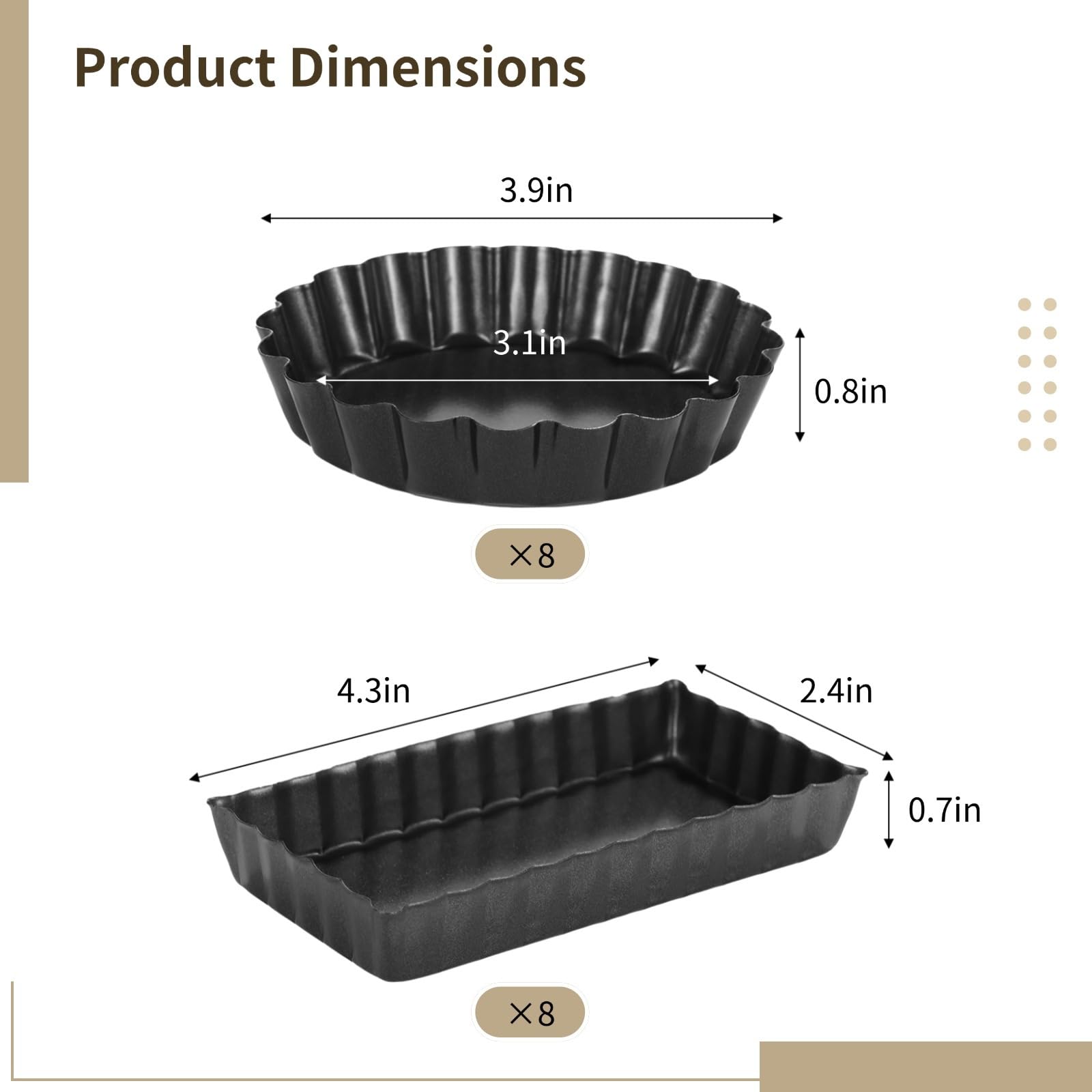Lot de 16 mini moules à tartelettes à fond amovible, moules à tarte antiadhésifs en acier au carbone, moules à tartelettes cannelés de 10,2 cm, ronds et rectangulaires