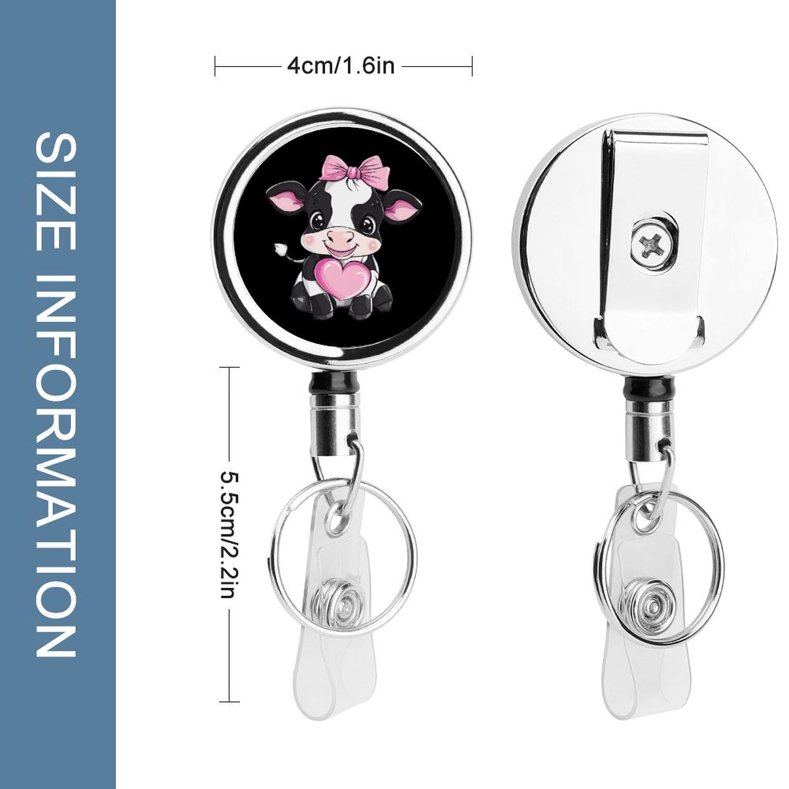 Black & White Cow Holding Heart Retractable Badge Holder Metal ID Name Holder Key Ring with Belt Clip