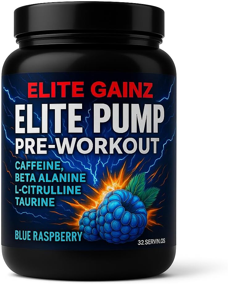 Elite Pump Pre-Workout Powder – High-Stim Energy + Extreme Muscle Pump | Caffeine, Beta-Alanine, L-Citrulline, AAKG, Taurine | Blue Raspberry | 32 Servings (Blue Raspberry)