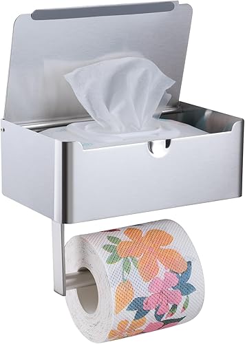 Soporte de papel higiénico de níquel cepillado con almacenamiento de toallitas para montaje en pared (taladradoautoadhesivo) - Mantén tus toallitas