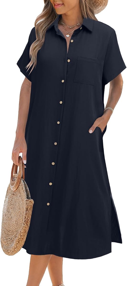 Zeagoo Women Dresses Summer Casual Short Sleeve Button Down Shirt Dresses 2026 Beach Cover Up with Pockets