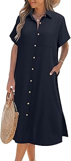 Womens Dress Summer Casual Short Sleeve Button Down Shirt Dress Beach Cover Up Dress with Pockets - Buy now