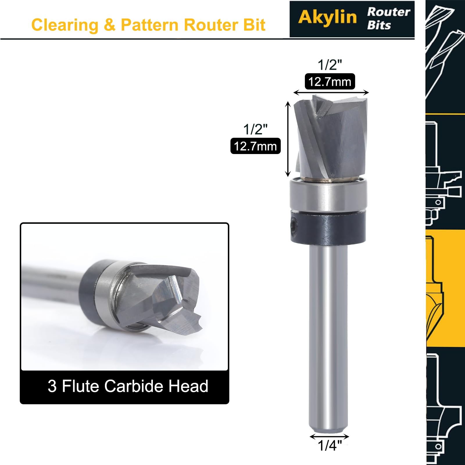 Solid Carbide Spiral Flush Trim Router Bits, 3-Flutes Down Cut Clearing & Pattern Router Bit - Image 2