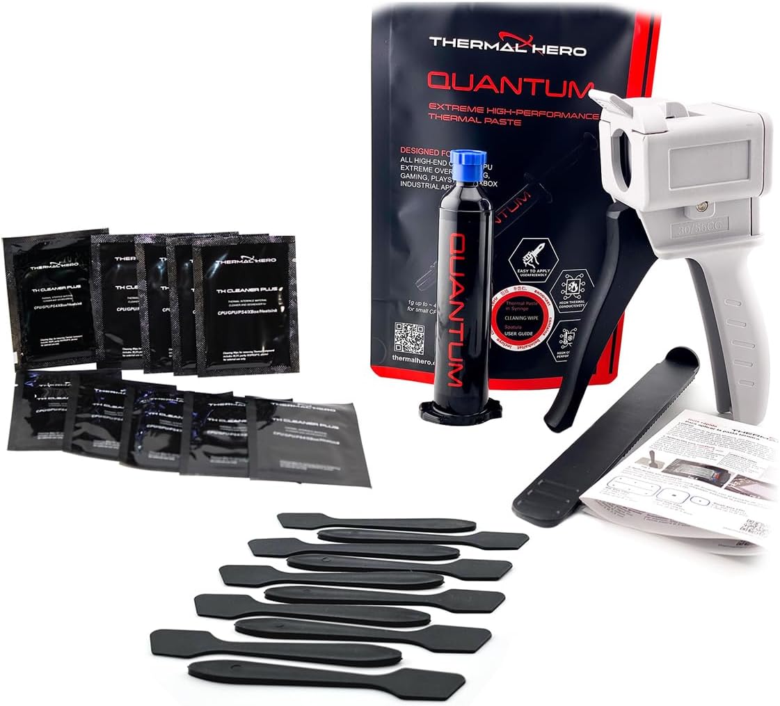 Quantum Thermal Paste (50g), Paste Gun Applicator, Cleaning Wipes (10pk), and Spatula (10pk) Bundle