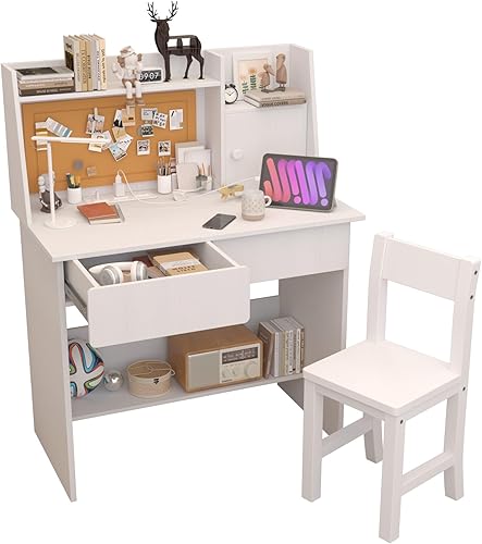 Wooden White Kids Study Desk and Chair Set, Charging Station and 2 Drawers, Children Desk with Hutch and Shelves, Girls Study Desks for Kids