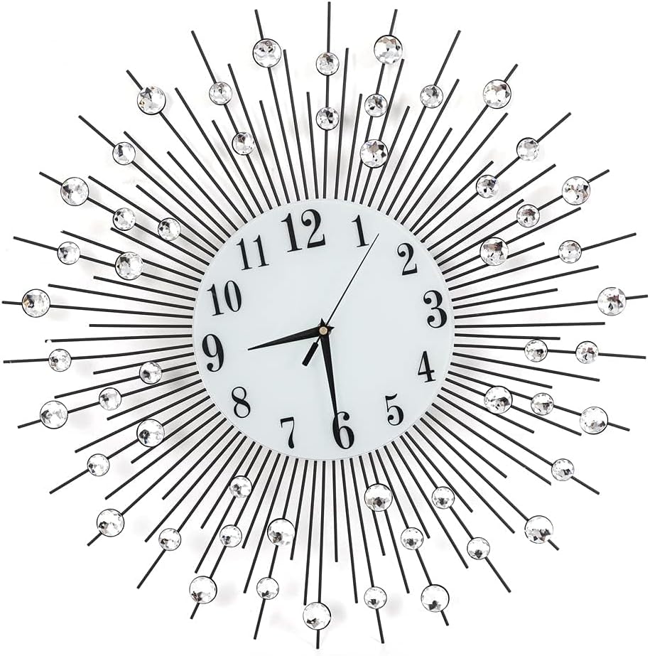 Modern Luxury Round Wall Clock, Metal Silver Crystal Quartz Sunburst Design Decorative Clock for Shop, Kitchen, Living Room and Bedroom, Silver