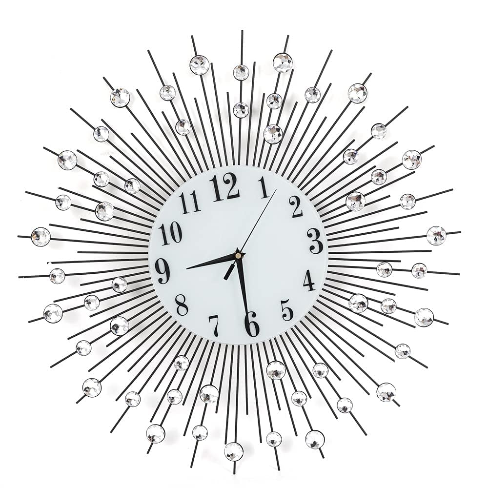 Modern Luxury Round Wall Clock, Metal Silver Crystal Quartz Sunburst Design Decorative Clock for Shop, Kitchen, Living Room and Bedroom, Silver