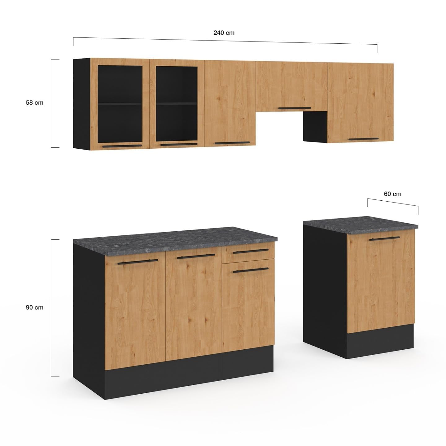 IDMarket - Cocina completa SUBTIL de 240 cm con vitrina + superficie de trabajo de 7 elementos en madera y negro