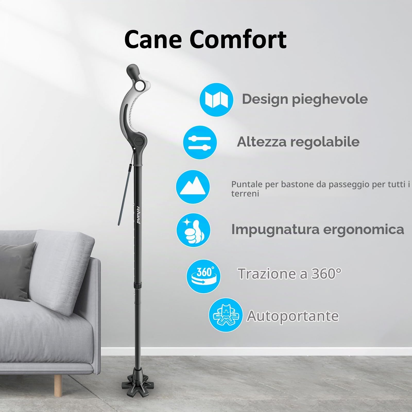 REHAND Bastone da Passeggio Regolabile per Anziani e Adulti – Impugnatura Ergonomica Antiscivolo, 10 Livelli di Regolazione dell’Altezza (101–124 cm), Portata fino a 159 kg