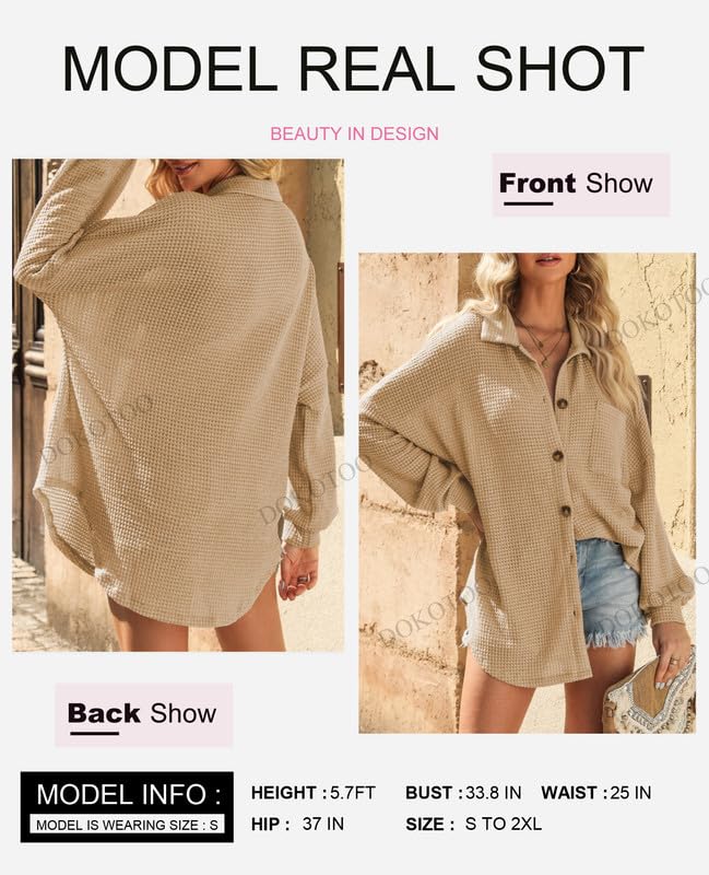 Image of Dokotoo Womens Waffle Knit Shacket Jacket Casual Button Down Shirts Tops
