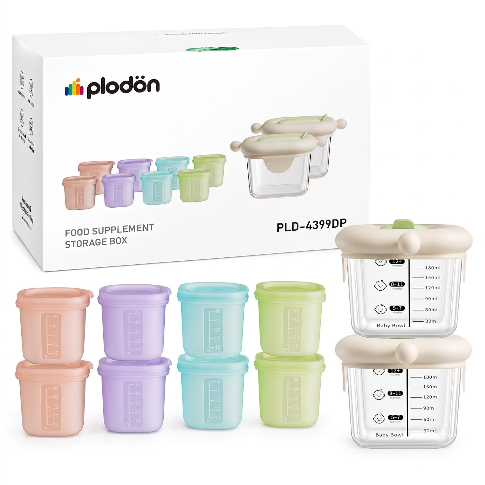 Baby Food Storage Containers, Glass Baby Food Jars & Silicone Cups | Two-size set with 8 silicone cups and 2 glass jars for baby purees, starting solids, meal prep, and toddler snacks.