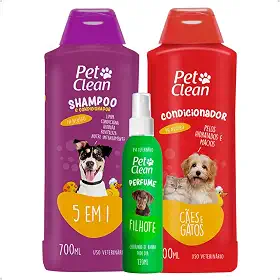 Kit Banho e Tosa Pet Shop Shampoo 5 Em 1 700ml + Creme Condicionador 700ml + Perfume 120ml Cães E Gatos Pet Clean - Filhote