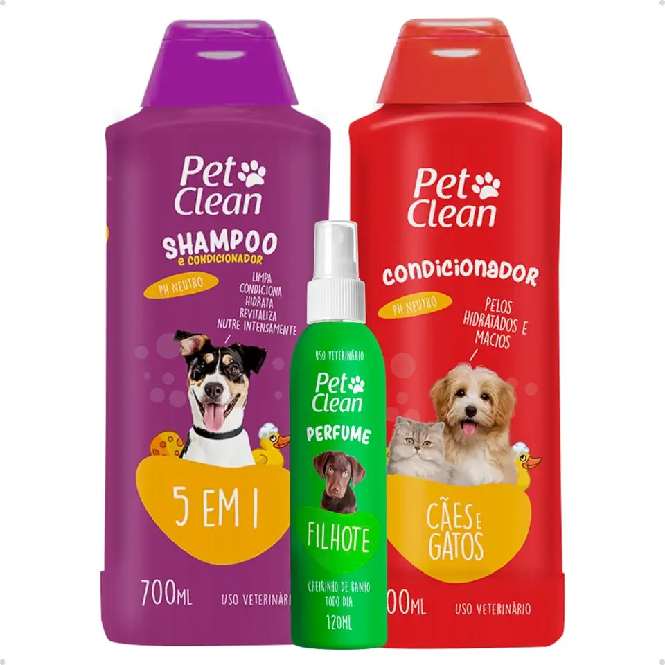 Kit Banho e Tosa Pet Shop Shampoo 5 Em 1 700ml + Creme Condicionador 700ml + Perfume 120ml Cães E Gatos Pet Clean - Filhote