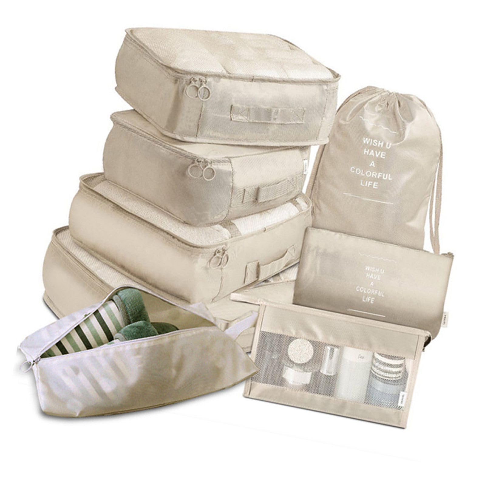 Ejoyous Cubi di Imballaggio per Valigie, Set da 8 Pezzi, Organizzatore da Viaggio a Compressione, Beige