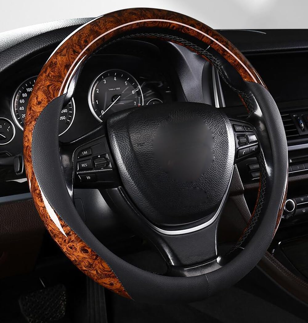 Classic Style Steering Wheel Cover Peach Wood Grain Four Seasons Universal Breathable Anti-Slip Car Wheel Protector 15 Inch Fit (Brown)