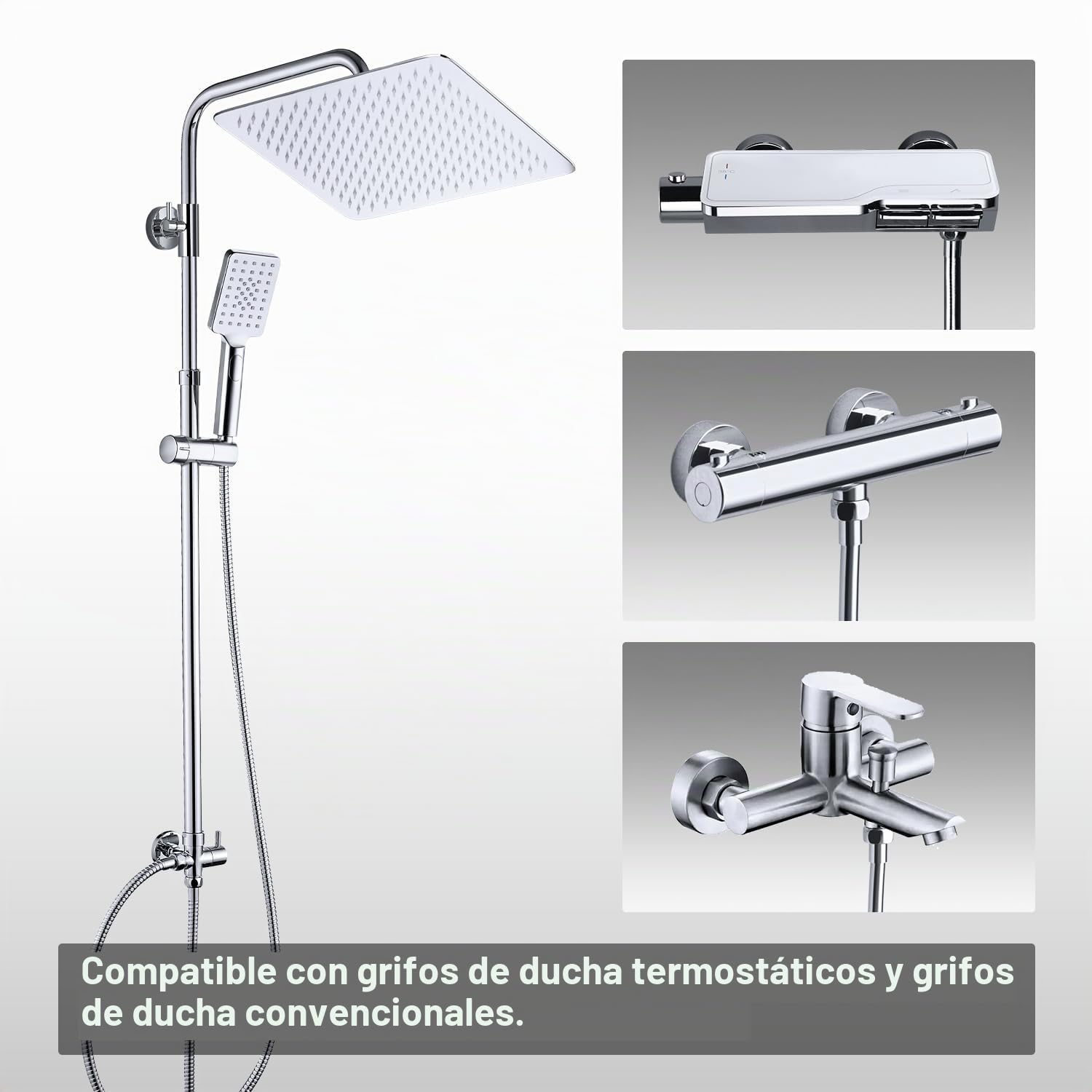 Görbach Columna Ducha sin Grifo, Set Ducha de Altura Ajustable Conjunto Ducha Acero Inoxidable con Alcachofa y Cabezal Ducha lluvia 30x30cm Cromo
