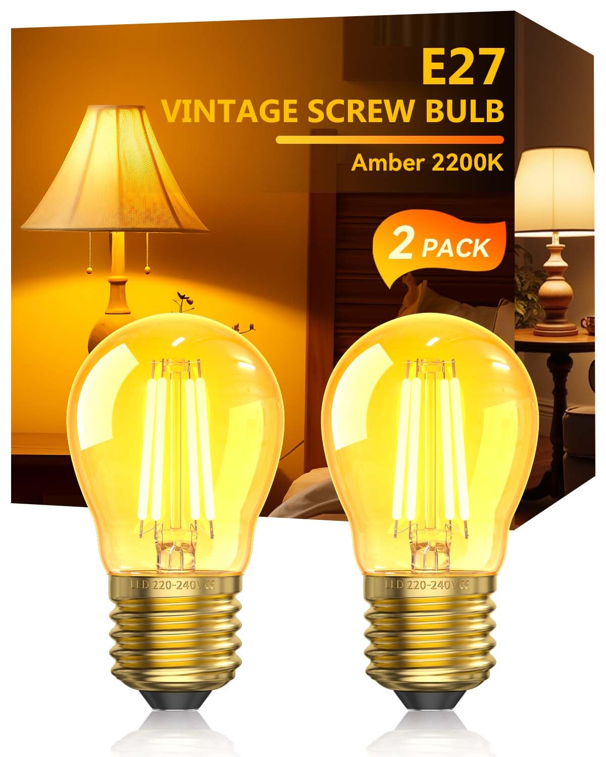 2.5W E27 Vintage LED Edison Light Bulb Warm White 2200K,G45 Golf Ball Screw-in Light Bulb,Amber Glass & Golden Large Screw Base for Bedside Lamp,Porch & Reading,Equivalent to 20W,Non-Dimmable, 2-Pack โ image 1