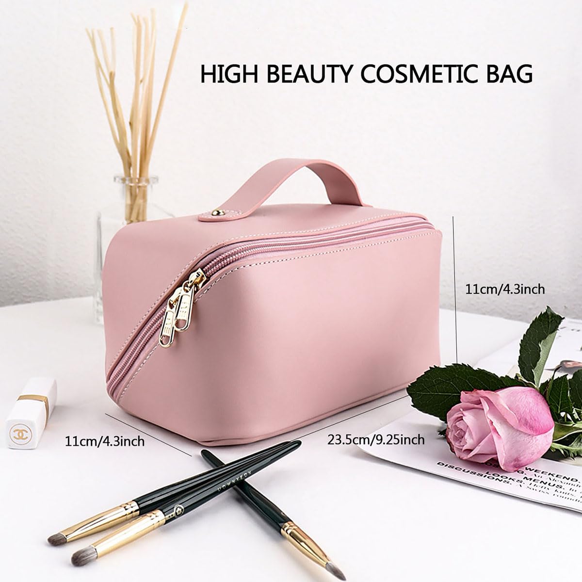 MAMUNU Large Capacity Cosmetic Travel Makeup Storage Bag with Handle Portable Zipper Cosmetic Toiletry Makeup Bag Large with Compartments for Women Girls (Pink) - Image 4
