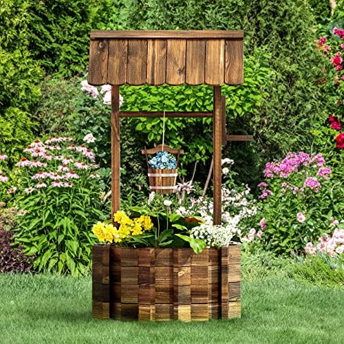 HAPPYGRILL Wooden Wishing Well Planter with Hanging Bucket, Flower Plants Planter