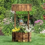 Aoxun Wooden Wishing Well Planters with Hanging Bucket, Garden Helper, Rustic Garden Decor for Outside, Yard, and Patio, Upgrade Reinforced Base, Brown