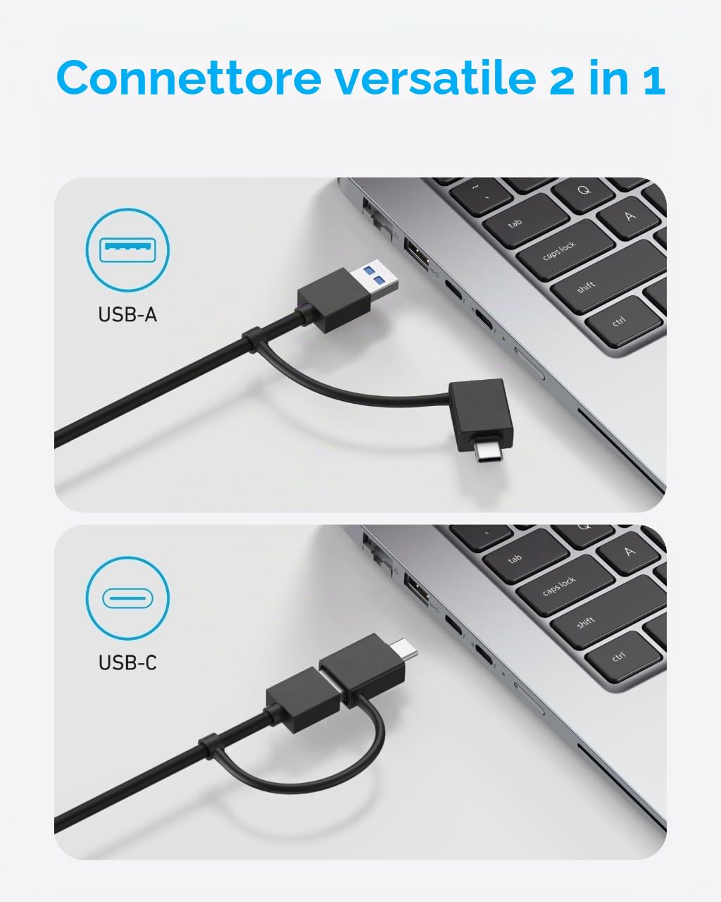 Switch KVM di Anker, 2 laptop in un clic, cavo USB-A con connettori 2-in-1, condivisione di 3 porte USB 3.0, trasferimento dati ad alta velocità a 5Gbps per laptop, tastiera, mouse e altro ancora