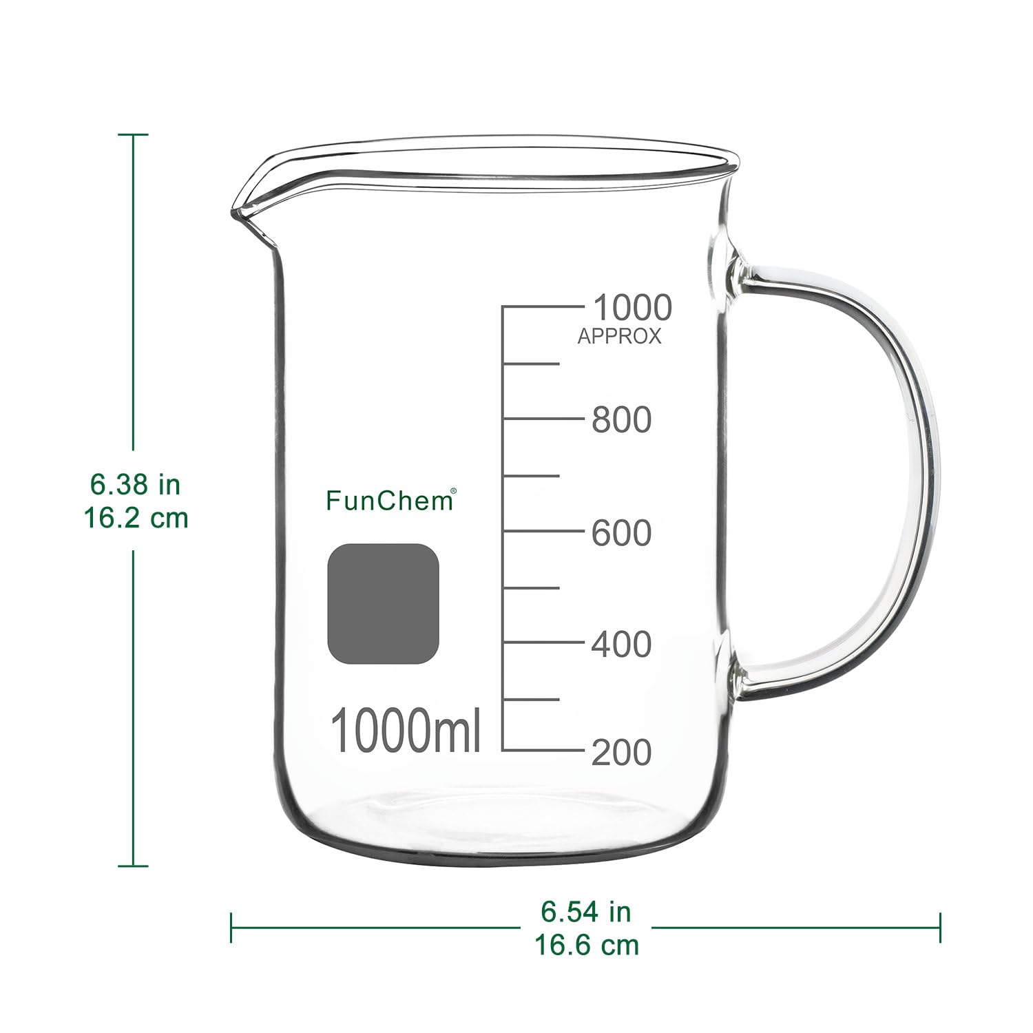 FunChem Bécher avec poignée, verre borosilicate transparent, gradué, forme basse, avec bec verseur, 1000 ml