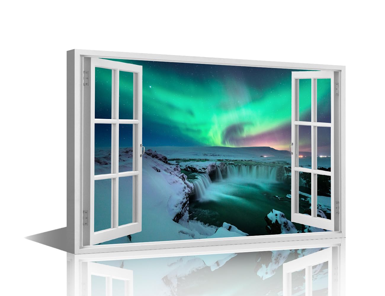 TISHIRON Iceland Canvas Wall Art Decor Aurora Borealis View from a Window Pictures for Living Room Bedroom Decoration Nature Painting Wall Art for Office Modern Artwork Framed - 18x12in