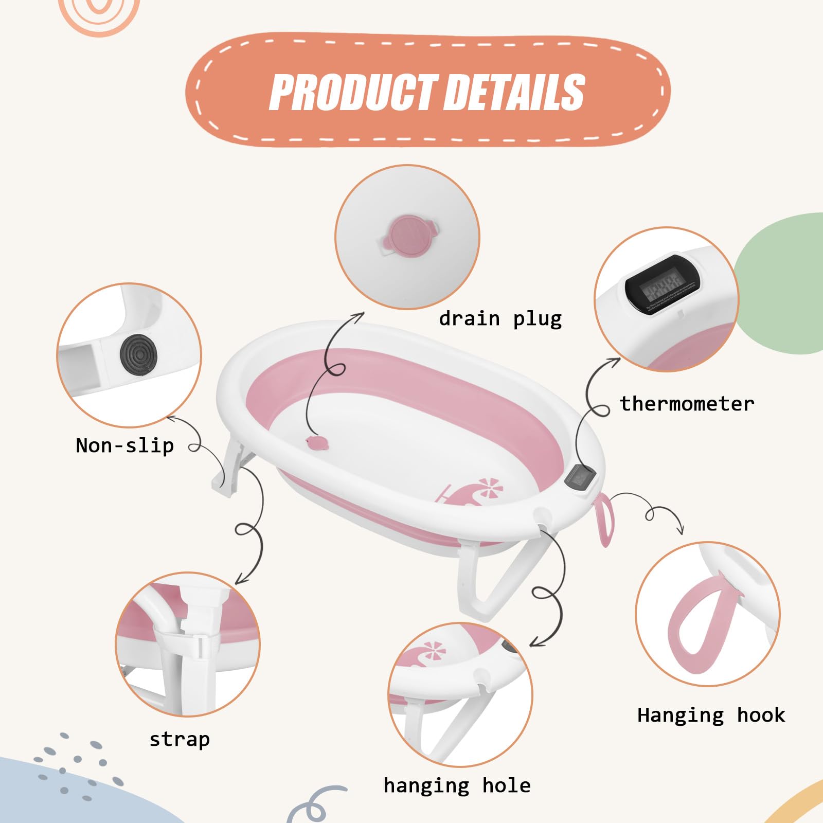 Mul-Bobutica - Bañera plegable para bebé, con soporte, termómetro 2.0, asiento y kit de drenaje, bañera de bebé sobre pie, apto para bebés de 0 a 3 años (rosa)