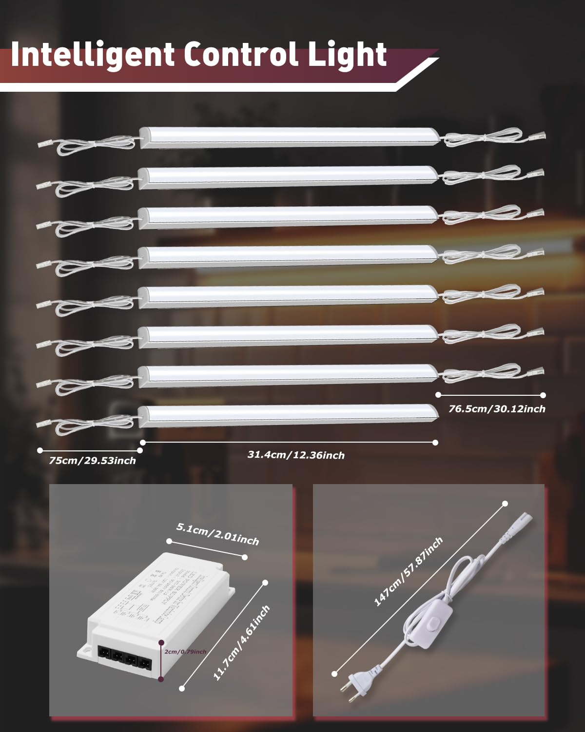 Oświetlenie podszafkowe LED z łącznikiem - 8szt 30cm V-kształtne listwy, 16W 1600Lumen Ciepła Biała 3000K do kuchni, gablot, półek