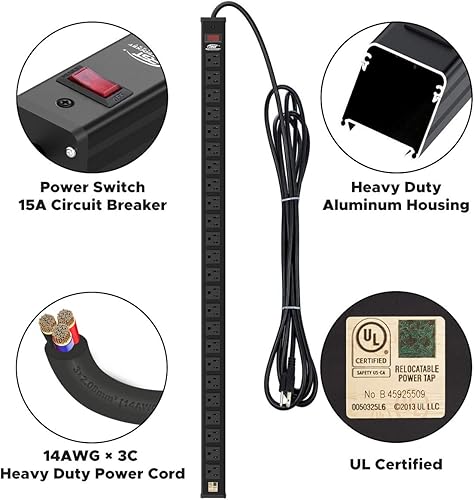 Miniatura 5 de CRST Regleta de alimentación resistente de 12 salidas y 24 salidas con protector de sobretensión, amplio espaciado, soportes de montaje, cable de 15