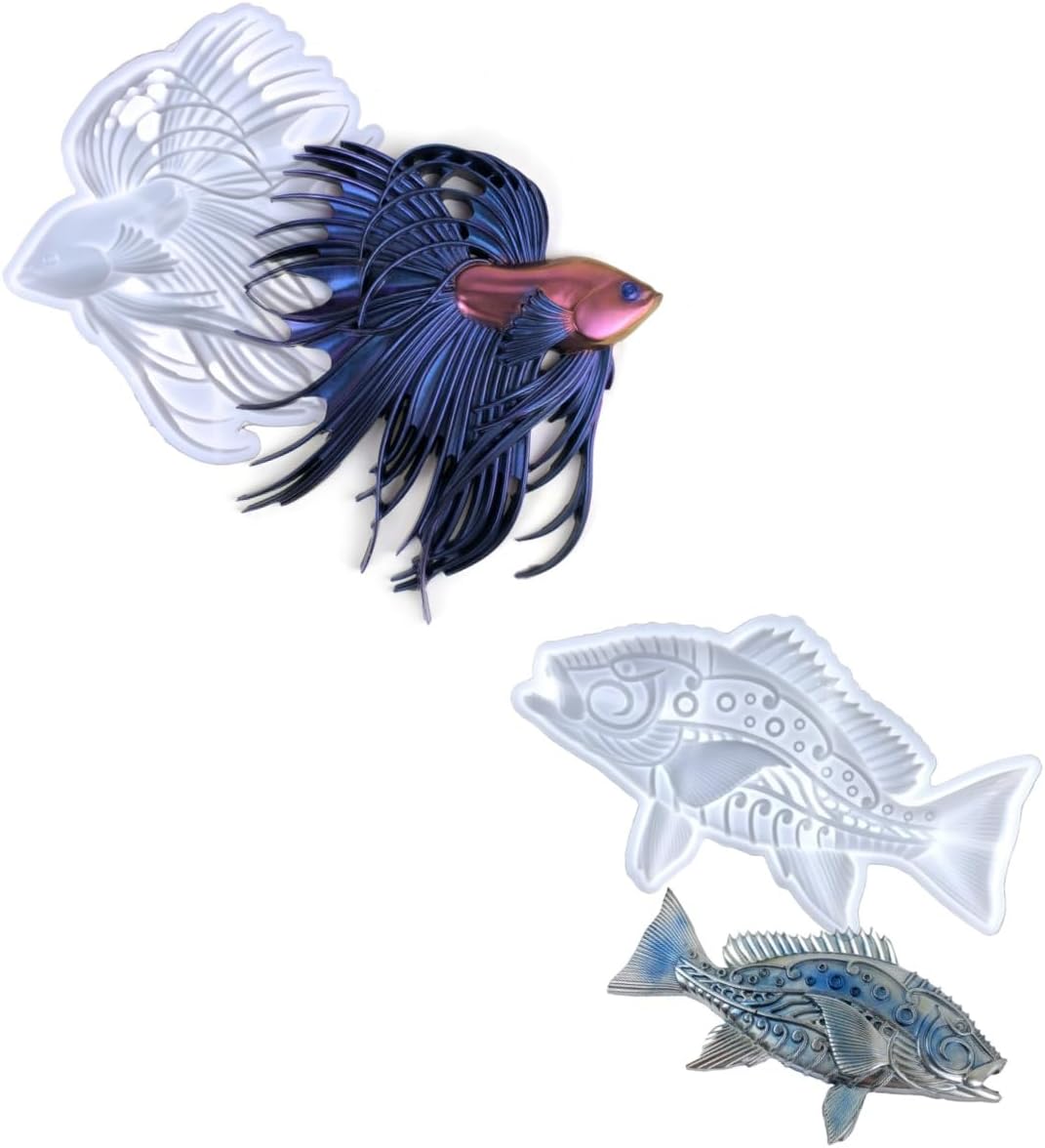 3D Fish Wall Art Silicone Mold Set, Betta Fish and Bass Resin Casting Molds, Wall Decor DIY Craft Tools