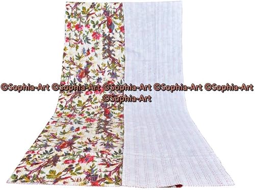 Miniatura 3 de Sophia-Art Colcha Kantha hecha a mano con estampado de pájaros, manta Kantha, funda de cama, colcha King Kantha, ropa de cama bohemia Kantha tamaño