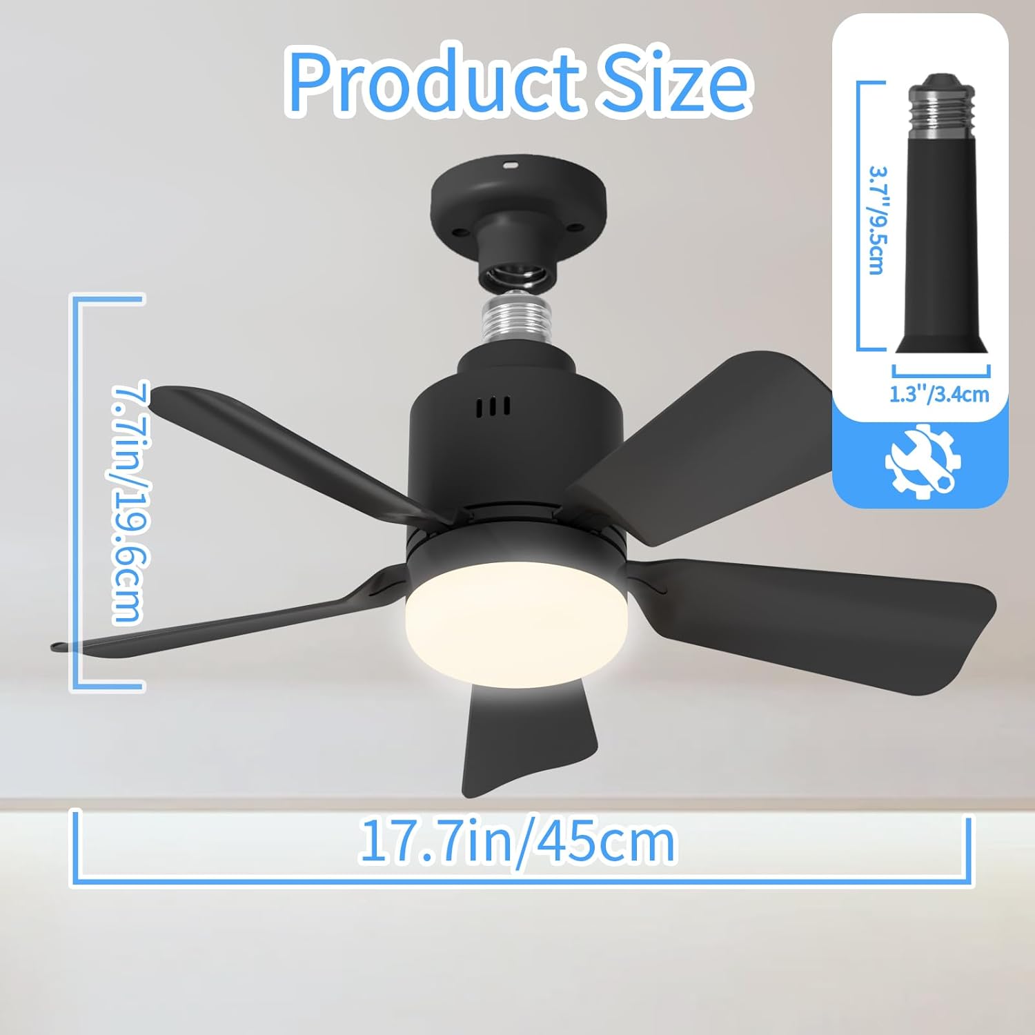 LANMEL Socket Fan Light with Remote & APP, 17.7'' Socket Ceiling Fan with Socket Extender, 3 Colors LED Light Bulb, Screw in Small Ceiling Fan for Bedroom Living Room Kitchen Garage