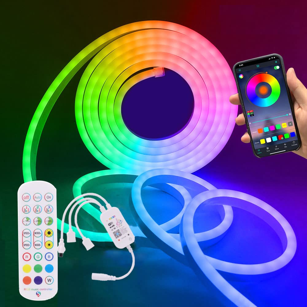 Smart RGB Neon LED Streifen, DC12V 5M 5050 360 LEDs Silikon Flexibler Neonstreifen,WIFI Musiksynchronisierung Neon LED Lichtband mit Fernbedienung & Netzteil für Schlafzimmer,Weihnachtsfeier
