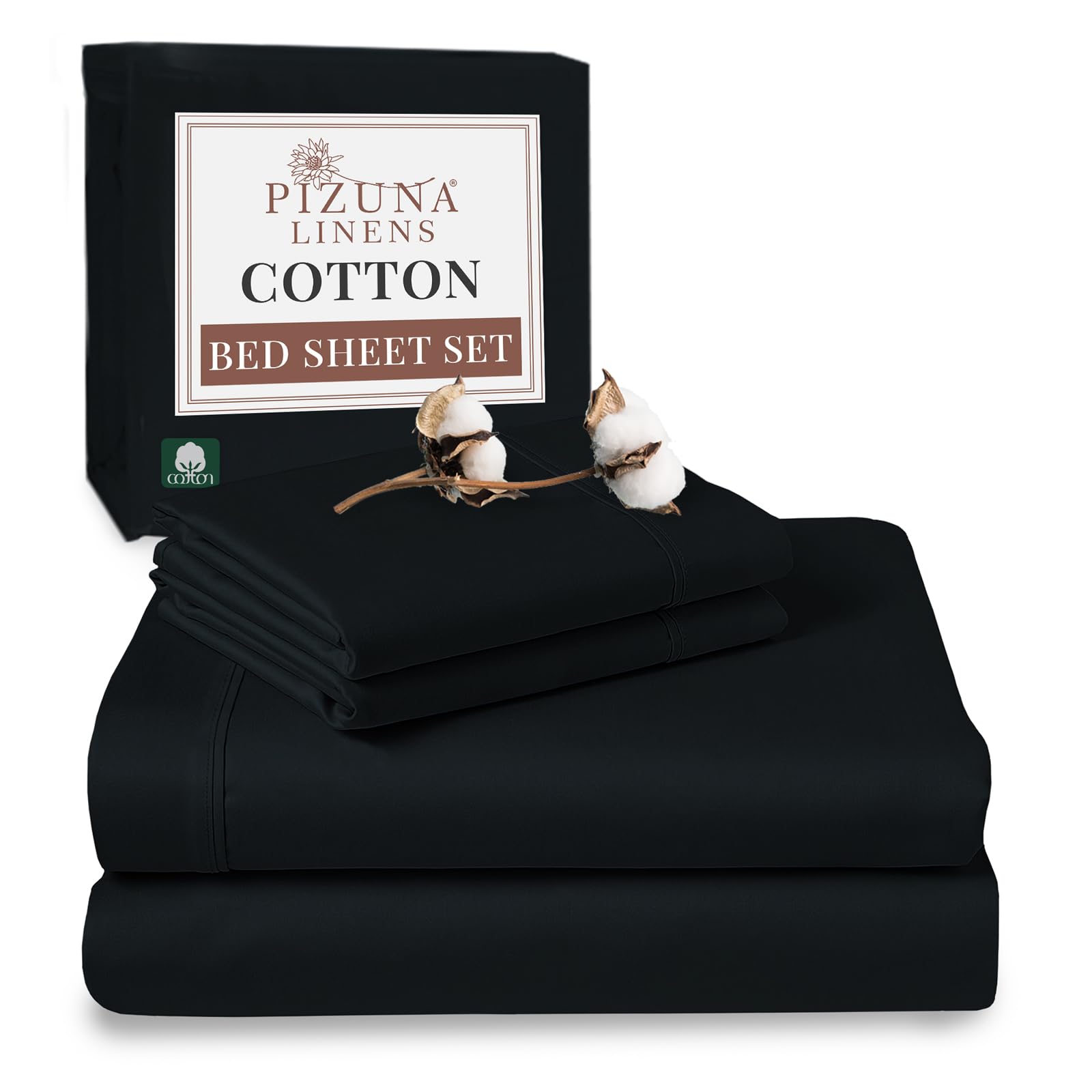 Pizuna Men's Black 100% Cotton Double Bed Sheet Set 400 Thead Count Long Staple Cotton Bedding Set 230X280 Cm, Soft Sateen 4 Pc Double Bed Sheet Set - Fitted Sheet, Flat Sheet & 2 Pillowcases