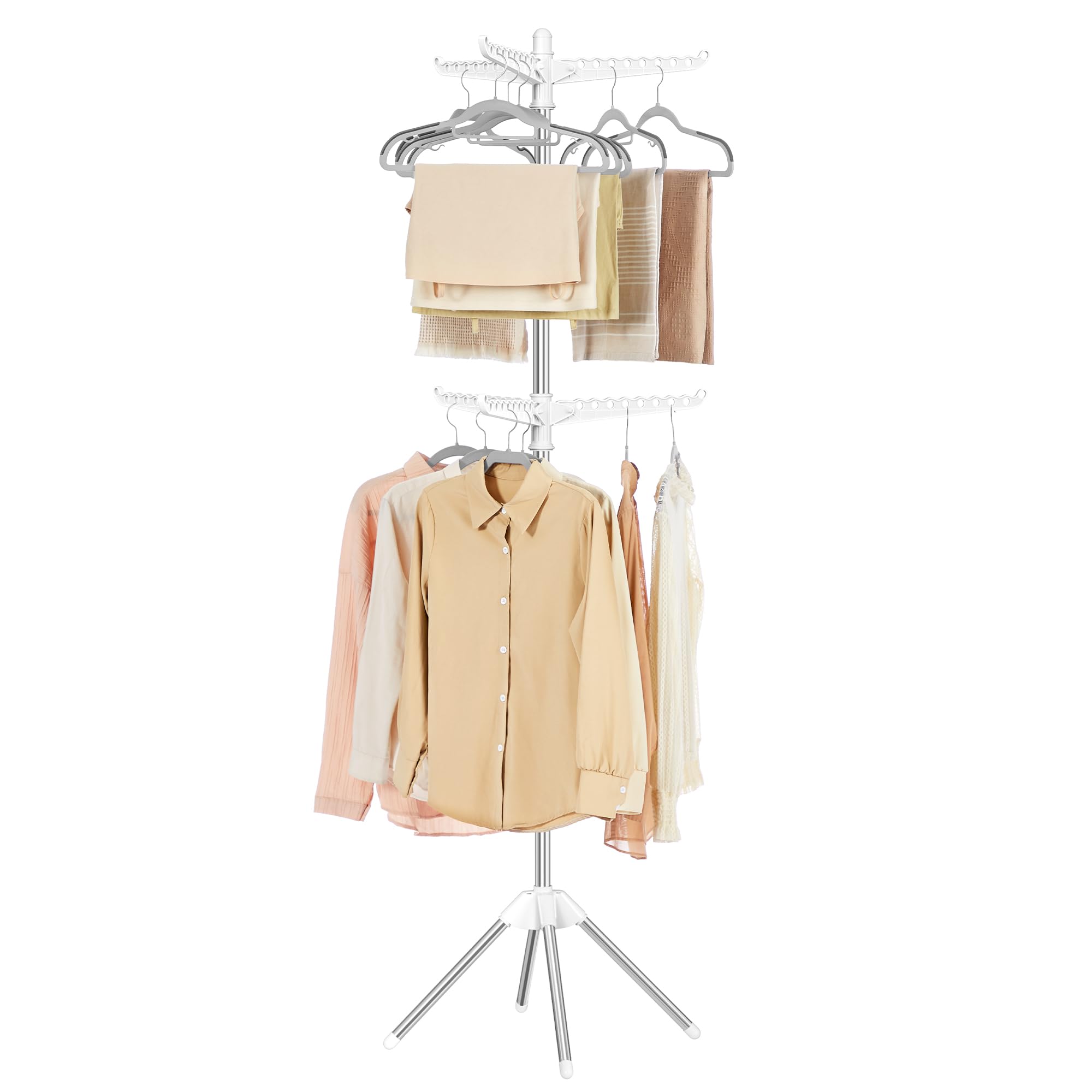 SONGMICS Clothes Airer, Clothes Drying Rack with 6 Rotatable Arms for Hangers, 4-Leg Indoor Folding Laundry Rack, Stainless Steel, for Clothes and Socks, 191 cm High, White and Silver LLR514W01