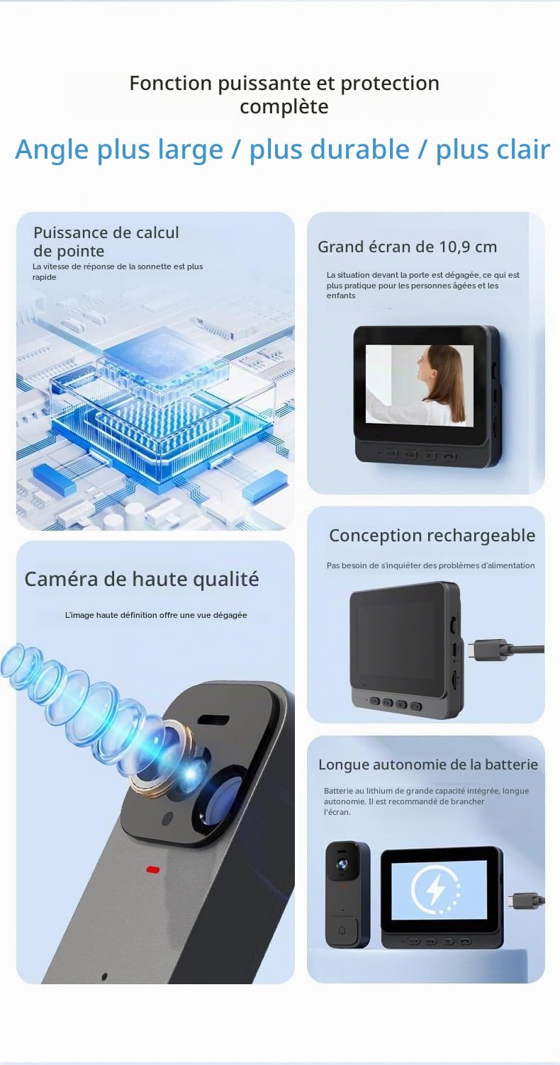 X7 Sonnette vidéo intelligente pour usage domestique avec écran d'affichage, interphone sans fil et surveillance vidéo haute définition