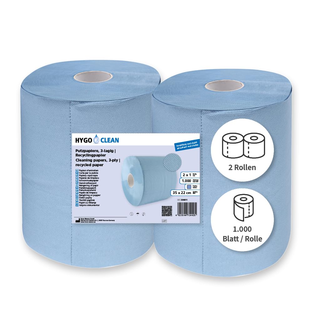 Franz Mensch HygoClean Putzpapiere, 3‑lagig, blau | Recyclingpapier, 2 Rollen, 1000 Abrisse, 35 × 22 cm, Außenabwicklung, Kerndurchmesser 7 cm, Putzrolle für Werkstatt und Industrie
