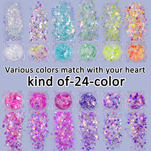 Loveourhome 24 Colors Aurora Chunky Nail Glitter Powder Iridescent Star Heart Shaped Sequins Flakes Fine Acrylic Glitter Powder Manicure Accessories For Crafts/Makeup/Resin/Nails/Body #TOP5