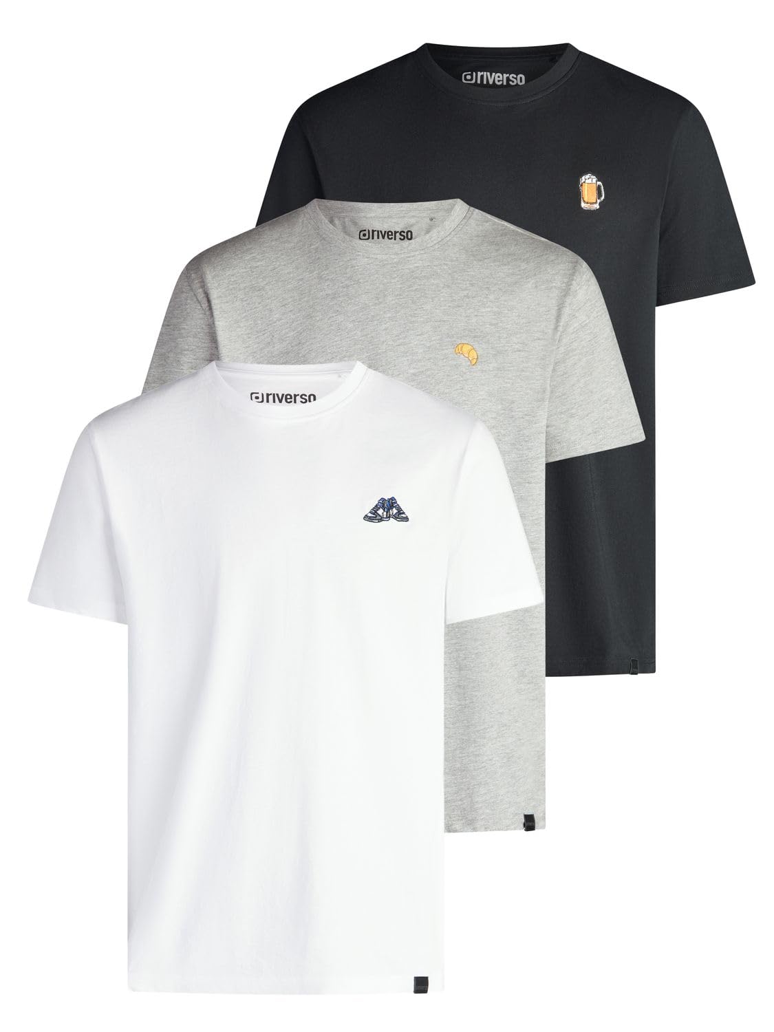 riverso Tshirt Herren Regular Fit RIVJay 3er Set Pack Besticktes T-Shirt Rundhals Kurzarm Sommer Tee Shirt Stick Schwarz Grau Weiß Grün S M L XL XXL 3XL 4XL 5XL