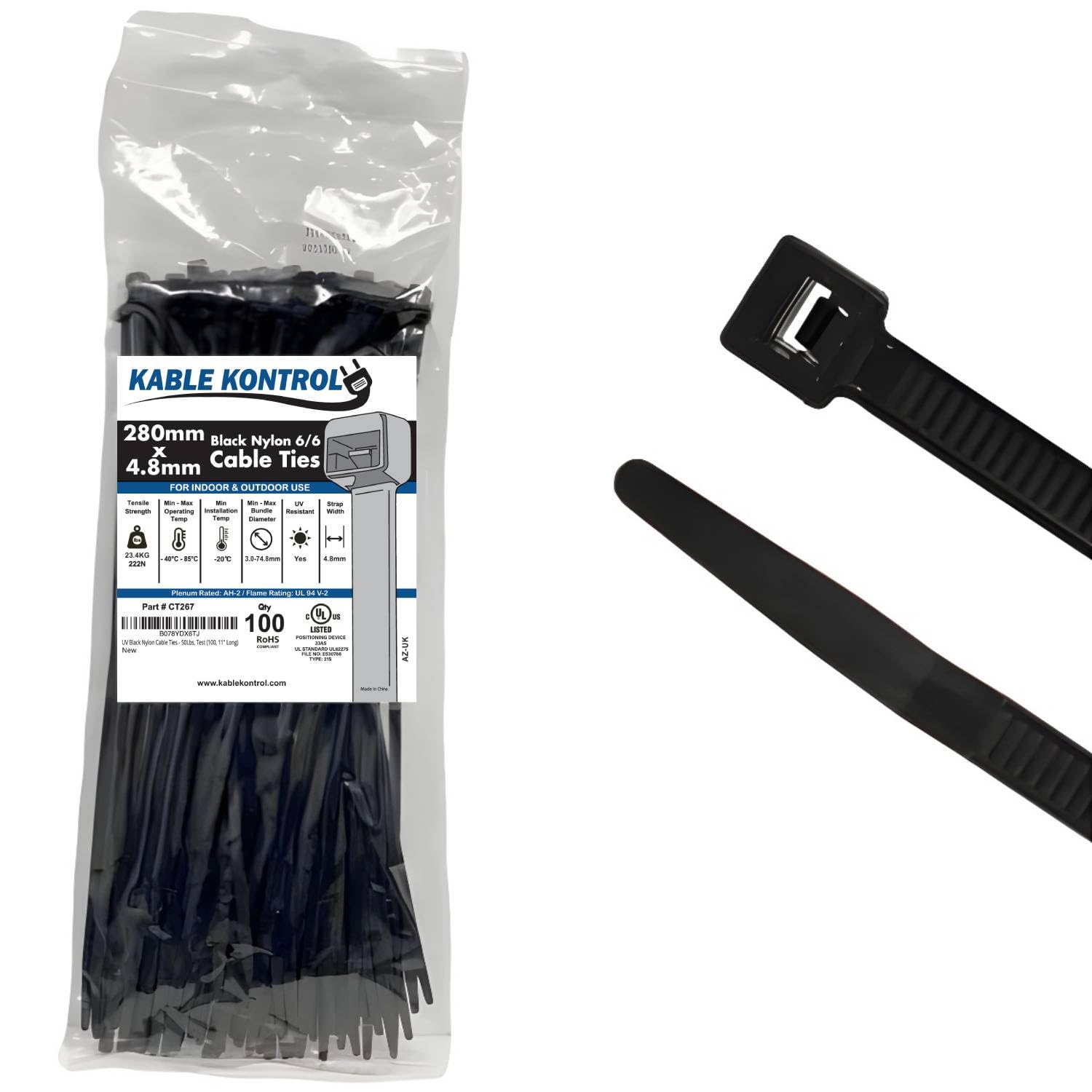 Kable Kontrol Black Cable Ties, 280 mm x 4.8 mm, Pack of 100, 11" Premium Nylon Zip Ties, Multi-Purpose Plastic Tie Wraps, Secure Self-Locking Mechanism, for Home, Garden, Office and DIY