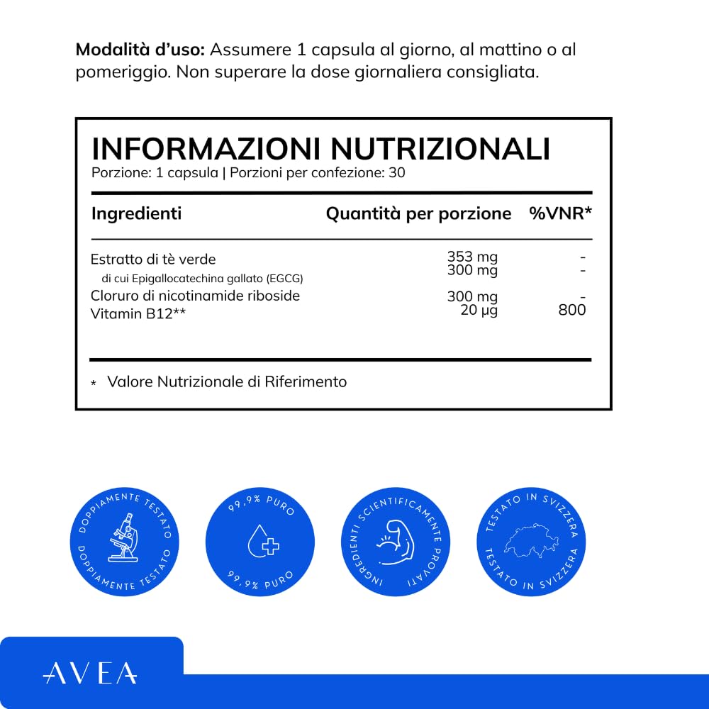 AVEA Vitaliser Capsule (30 capsule) – Precursore del NAD+ per ridurre l’invecchiamento di pelle e corpo – Fonte naturale di NAD+ antiossidante con Vitamina B12 ed estratto di tè verde per l’energi